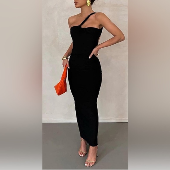 COPY - Women's Backless One Shoulder Maxi Dress Sexy Sleeveless Bodycon Draped … - Picture 3 of 4